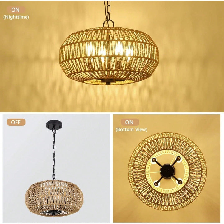 Boho Rattan Pendant Light 4-Light Hand Woven Basket Design Adjustable Height for Dining Room Kitchen Bedroom Foyer Image 6