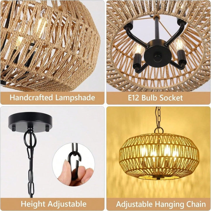 Boho Rattan Pendant Light 4-Light Hand Woven Basket Design Adjustable Height for Dining Room Kitchen Bedroom Foyer Image 7