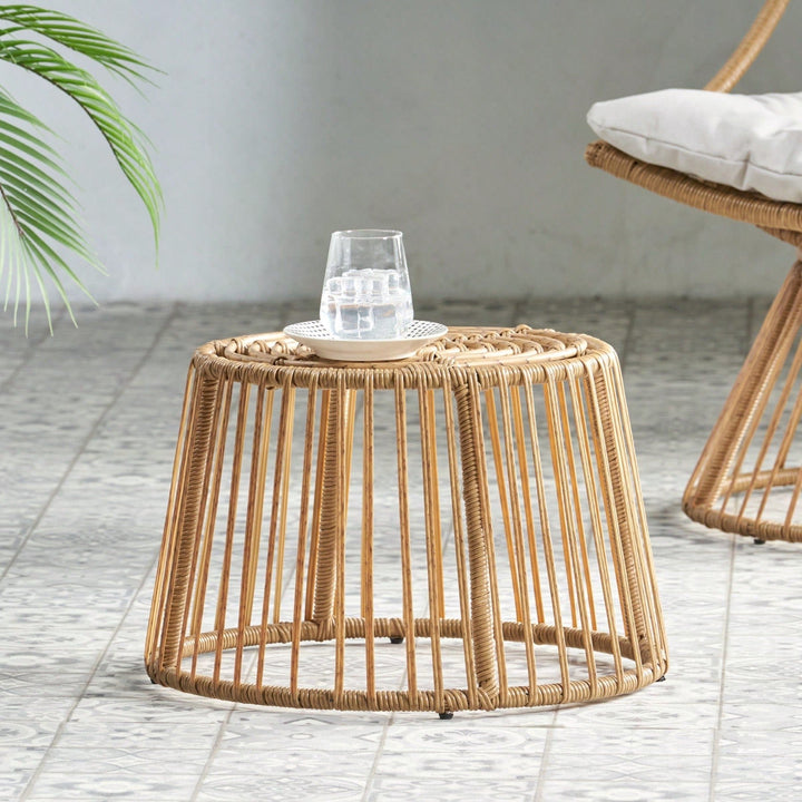 Boho Wicker Outdoor Side Table with Cage Frame Weather-Resistant PE Rattan Small Accent Table for Drinks and Plants Image 6