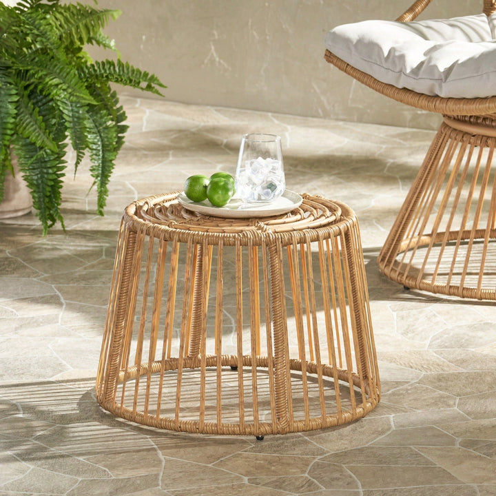 Boho Wicker Outdoor Side Table with Cage Frame Weather-Resistant PE Rattan Small Accent Table for Drinks and Plants Image 7