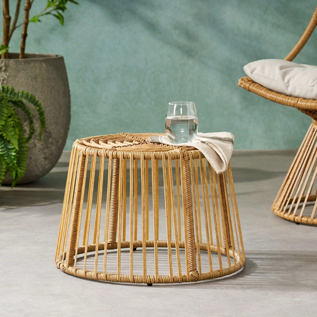 Boho Wicker Outdoor Side Table with Cage Frame Weather-Resistant PE Rattan Small Accent Table for Drinks and Plants Image 8