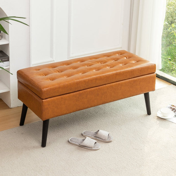 Brown Leather Storage Bench for Bedroom Entryway 43.3" Stylish Ottoman at Foot of Bed Image 1