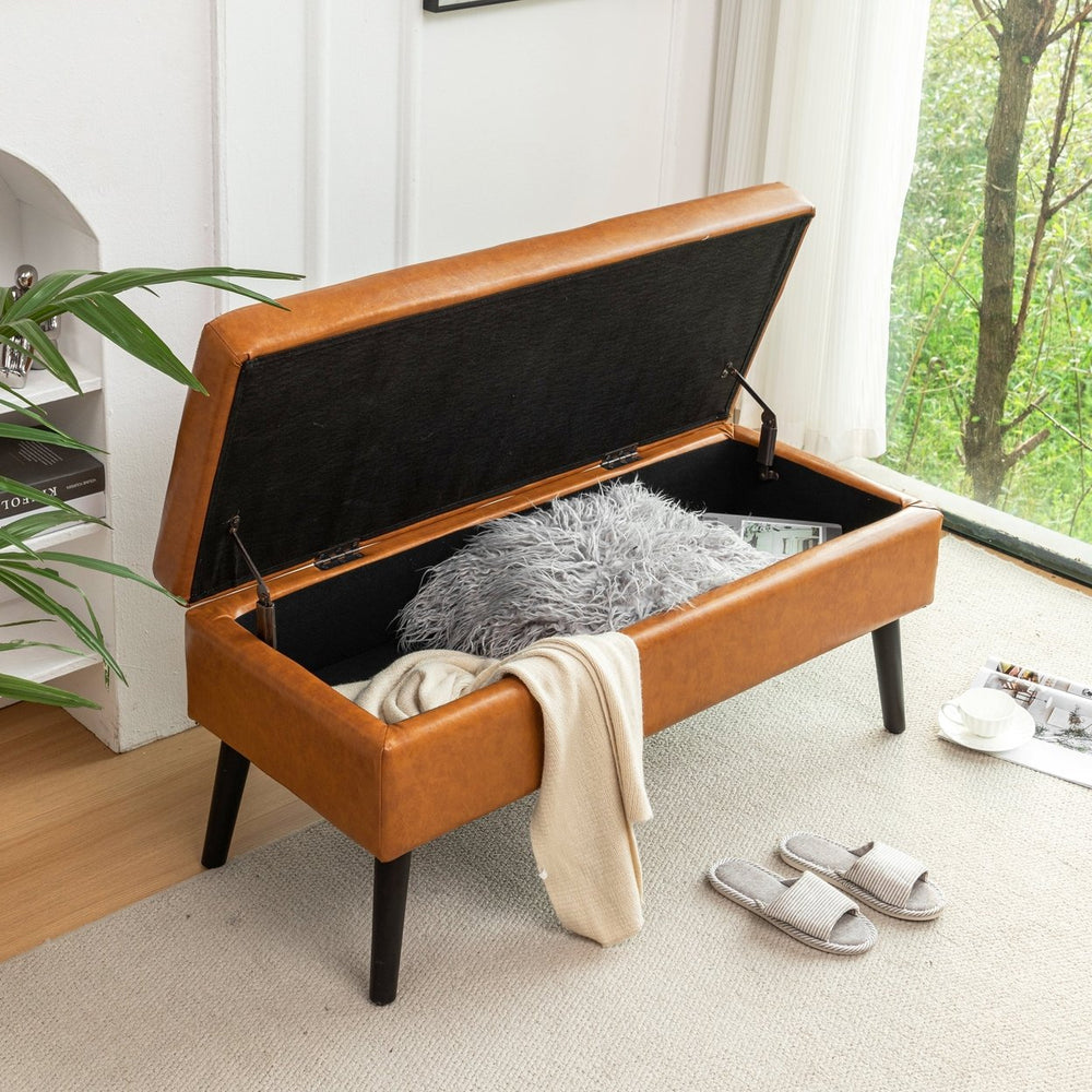 Brown Leather Storage Bench for Bedroom Entryway 43.3" Stylish Ottoman at Foot of Bed Image 2