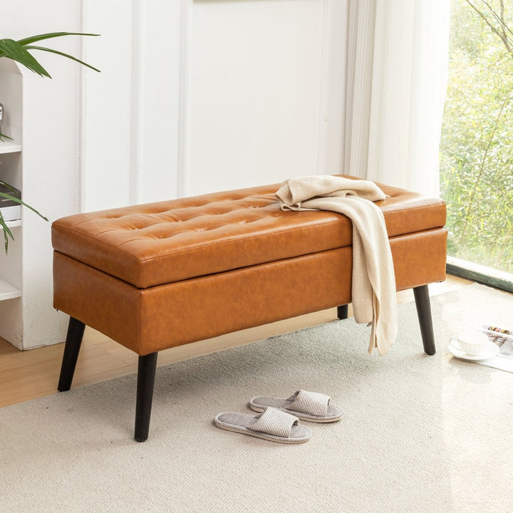 Brown Leather Storage Bench for Bedroom Entryway 43.3" Stylish Ottoman at Foot of Bed Image 3