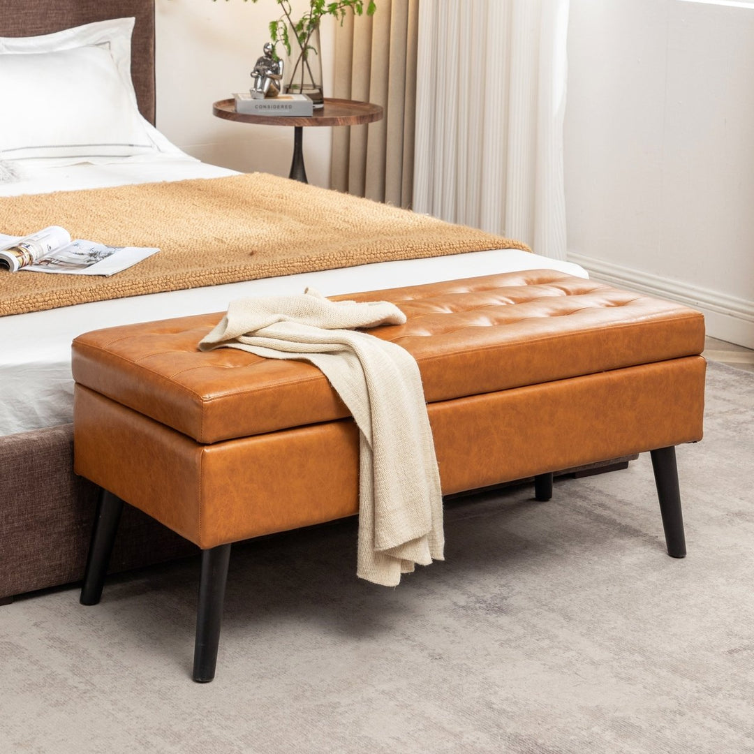 Brown Leather Storage Bench for Bedroom Entryway 43.3" Stylish Ottoman at Foot of Bed Image 4