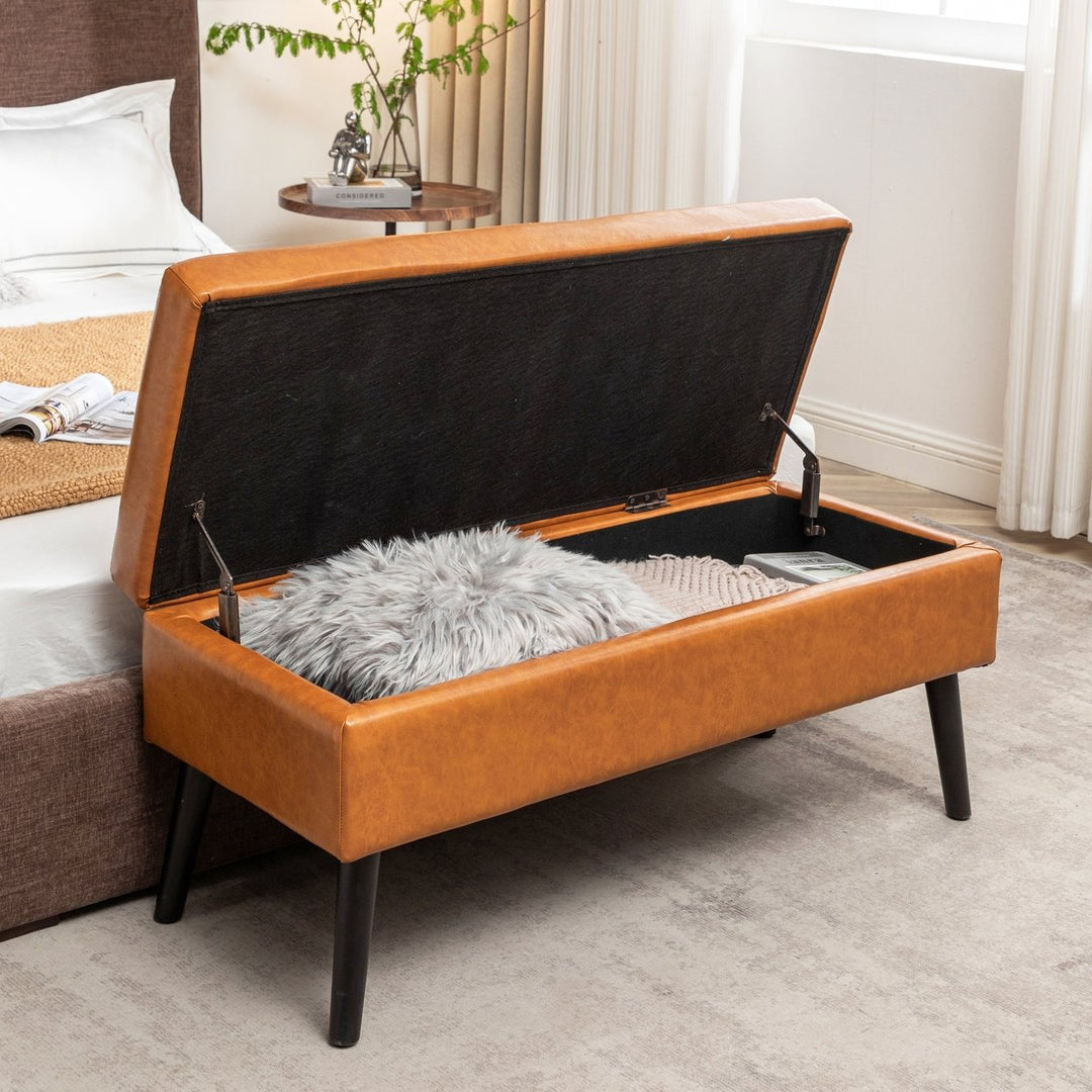 Brown Leather Storage Bench for Bedroom Entryway 43.3" Stylish Ottoman at Foot of Bed Image 5