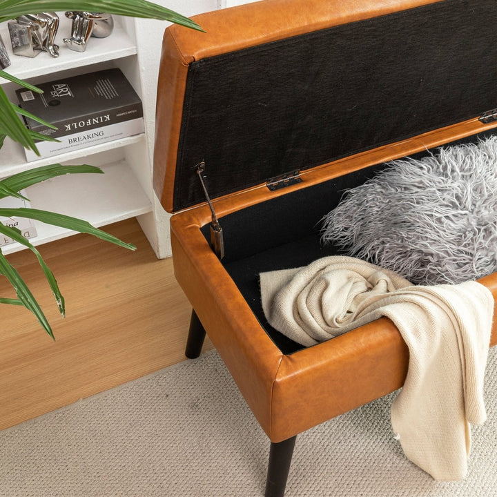 Brown Leather Storage Bench for Bedroom Entryway 43.3" Stylish Ottoman at Foot of Bed Image 8