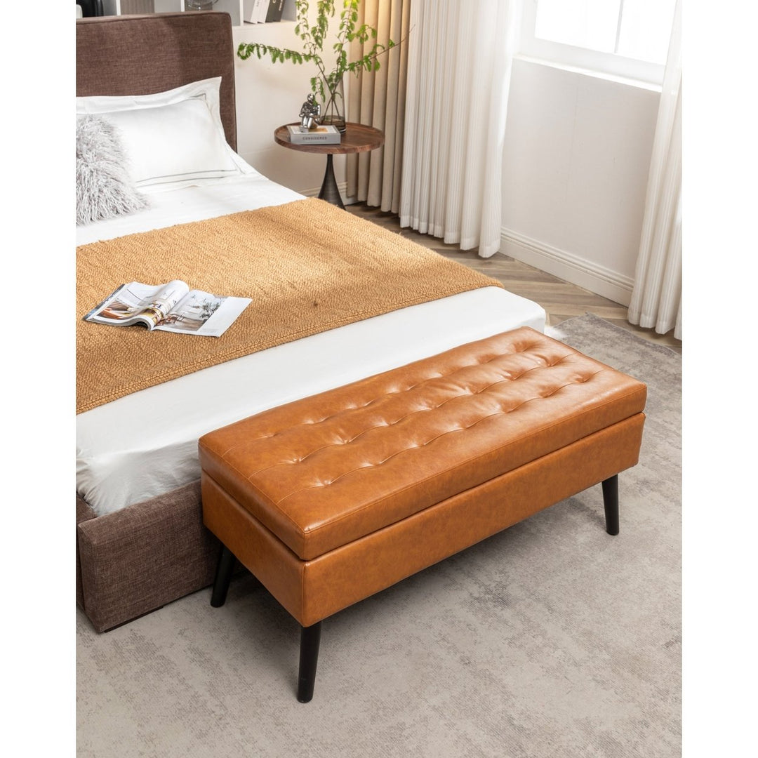 Brown Leather Storage Bench for Bedroom Entryway 43.3" Stylish Ottoman at Foot of Bed Image 12