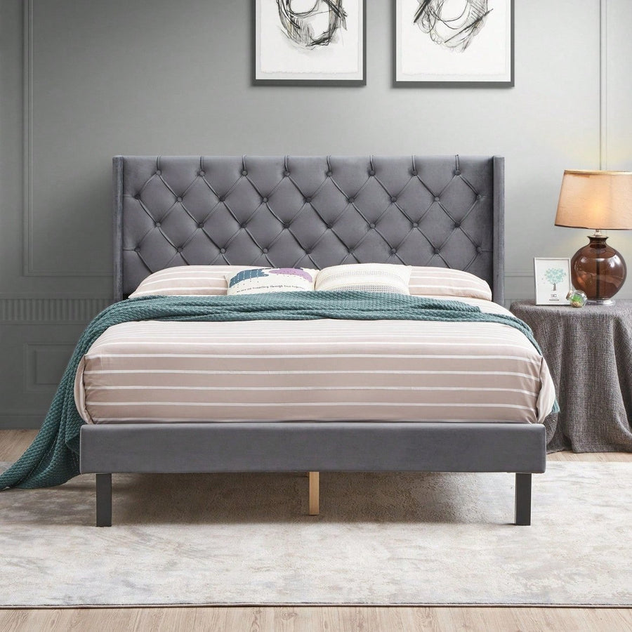 Charcoal Gray Velvet Tufted Wingback Queen Bed Frame with Strong Wooden Slats Easy Assembly No Box Spring Needed Image 1