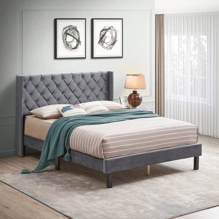 Charcoal Gray Velvet Tufted Wingback Queen Bed Frame with Strong Wooden Slats Easy Assembly No Box Spring Needed Image 2