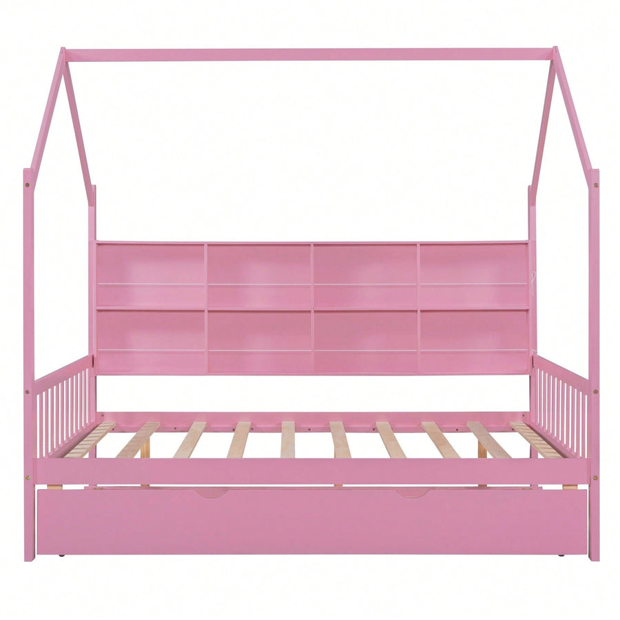 Charming Pink Full Size Wooden House Bed With Trundle And Shelf For Kids Image 1