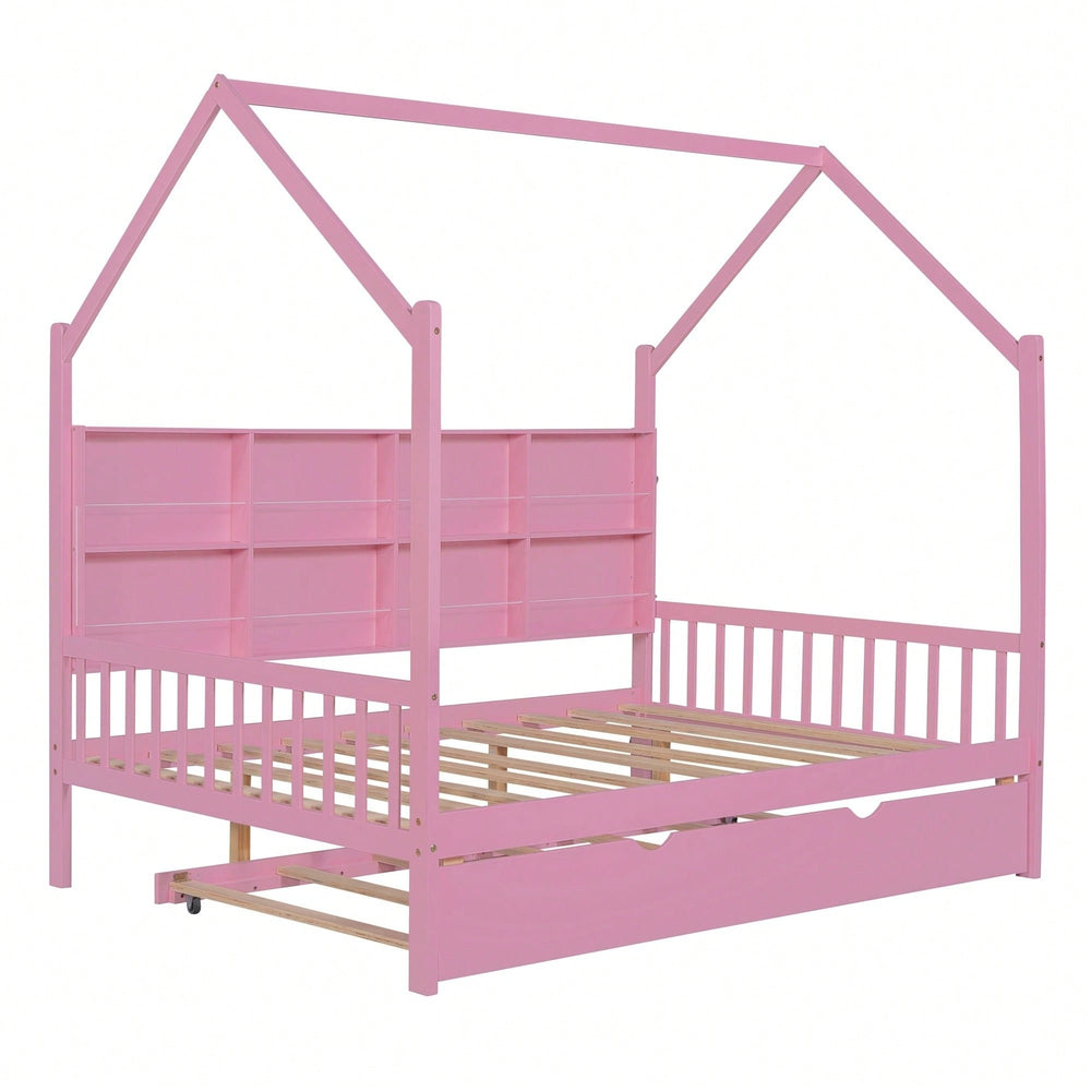 Charming Pink Full Size Wooden House Bed With Trundle And Shelf For Kids Image 2