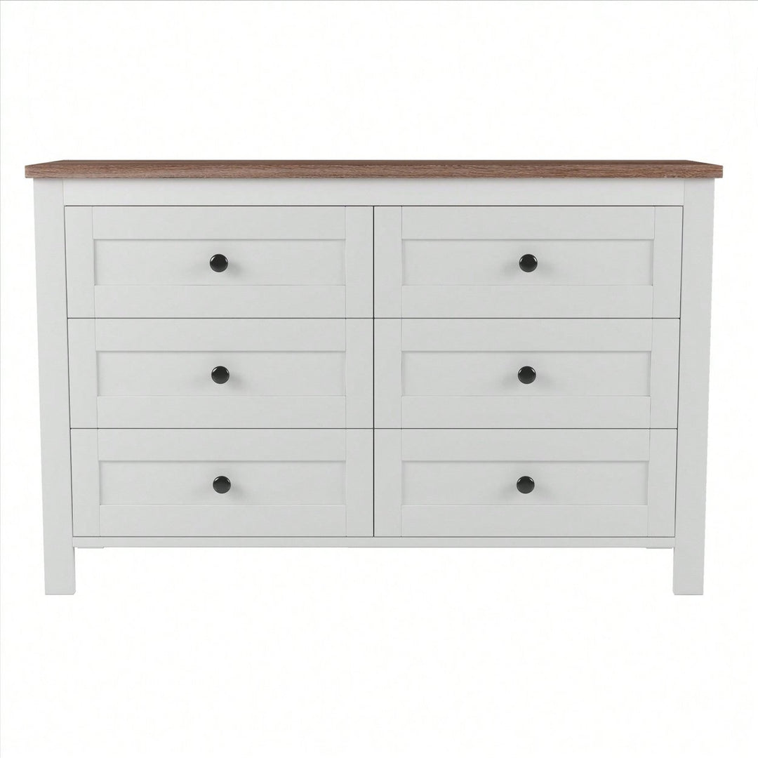 Charming Retro Farmhouse Wooden Dresser With 6 Drawers - Stylish Bedroom Storage Cabinet In White And Brown Image 1