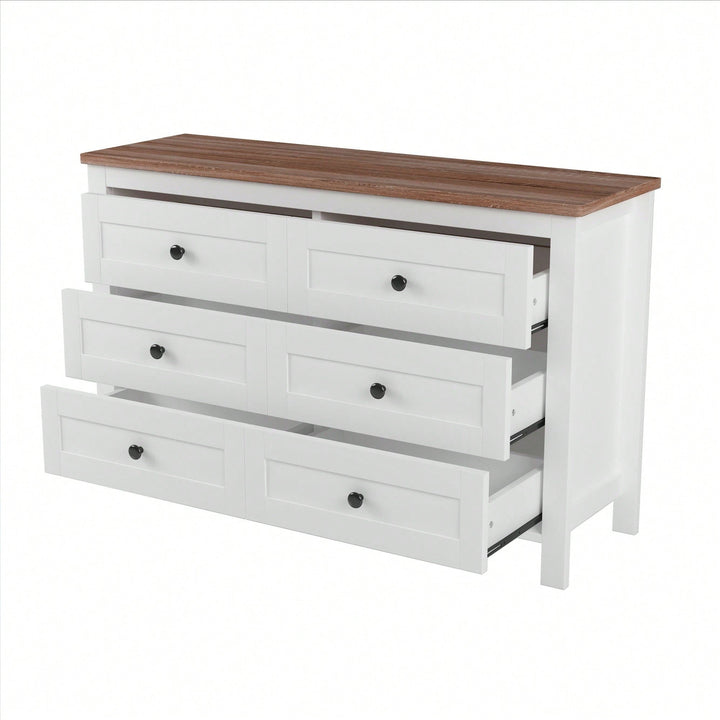 Charming Retro Farmhouse Wooden Dresser With 6 Drawers - Stylish Bedroom Storage Cabinet In White And Brown Image 3