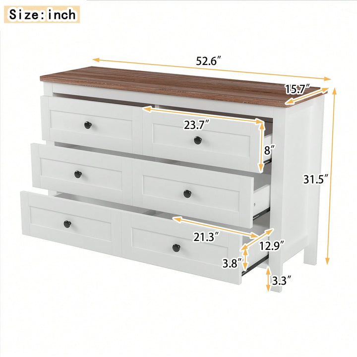 Charming Retro Farmhouse Wooden Dresser With 6 Drawers - Stylish Bedroom Storage Cabinet In White And Brown Image 4