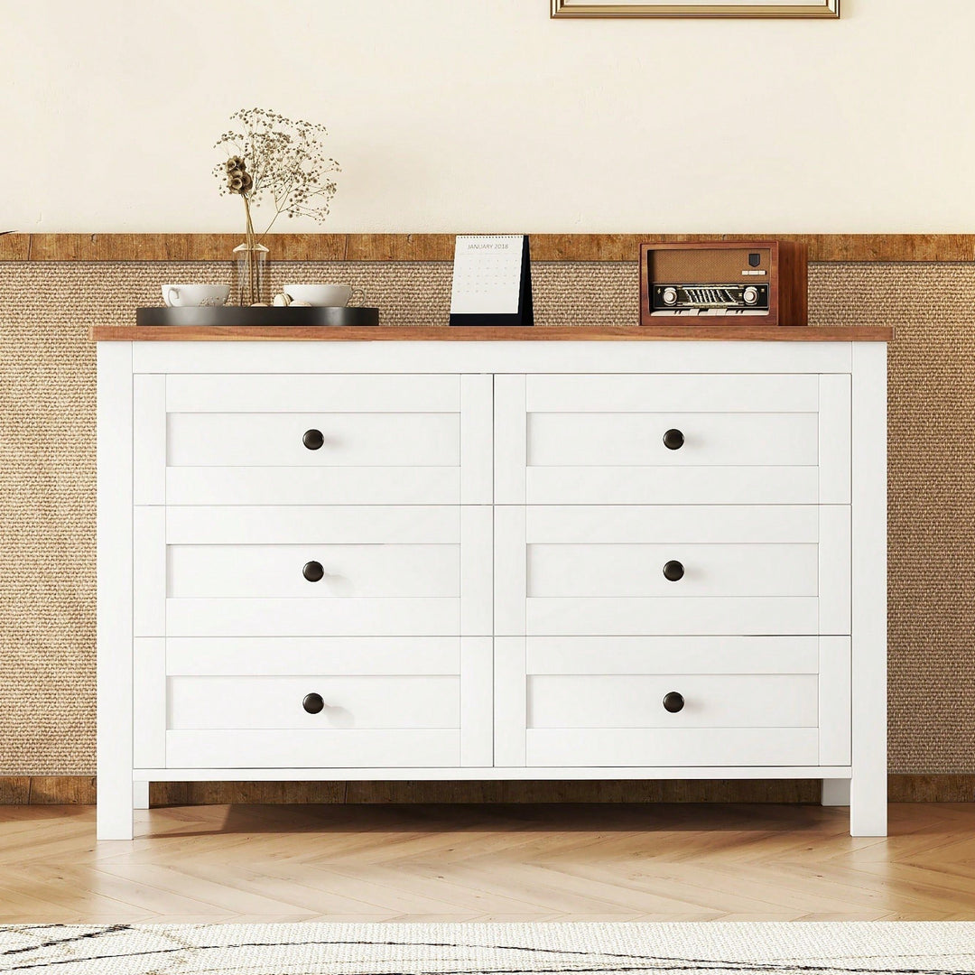 Charming Retro Farmhouse Wooden Dresser With 6 Drawers - Stylish Bedroom Storage Cabinet In White And Brown Image 5