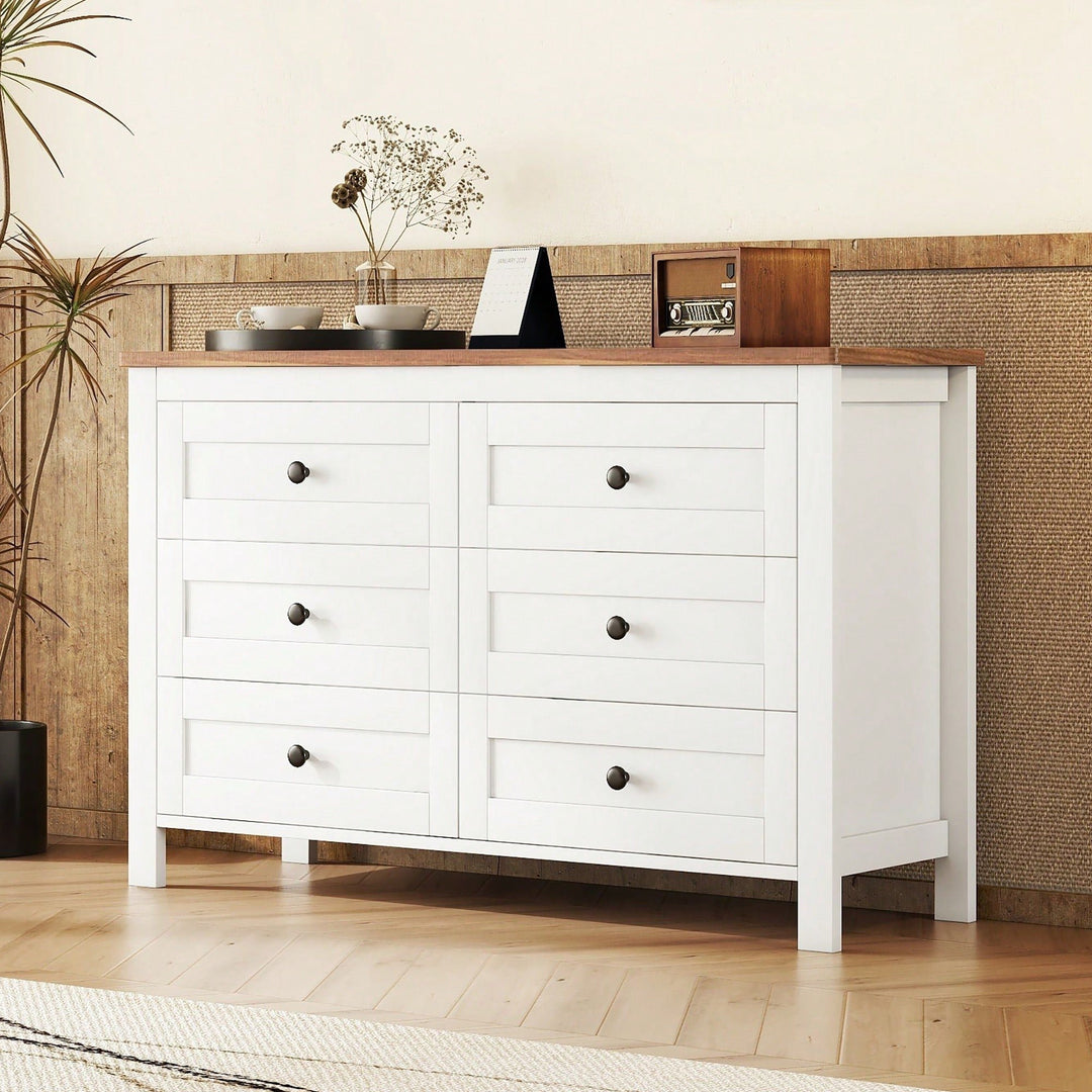 Charming Retro Farmhouse Wooden Dresser With 6 Drawers - Stylish Bedroom Storage Cabinet In White And Brown Image 6