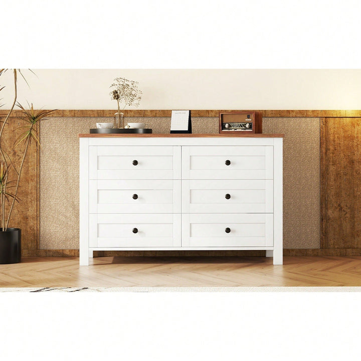 Charming Retro Farmhouse Wooden Dresser With 6 Drawers - Stylish Bedroom Storage Cabinet In White And Brown Image 7