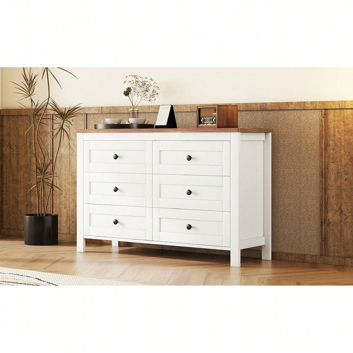 Charming Retro Farmhouse Wooden Dresser With 6 Drawers - Stylish Bedroom Storage Cabinet In White And Brown Image 8