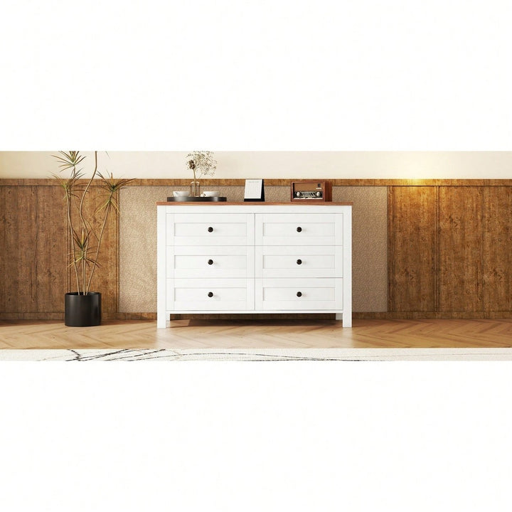 Charming Retro Farmhouse Wooden Dresser With 6 Drawers - Stylish Bedroom Storage Cabinet In White And Brown Image 9