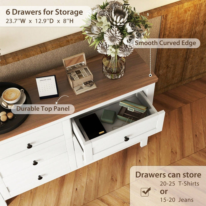 Charming Retro Farmhouse Wooden Dresser With 6 Drawers - Stylish Bedroom Storage Cabinet In White And Brown Image 11