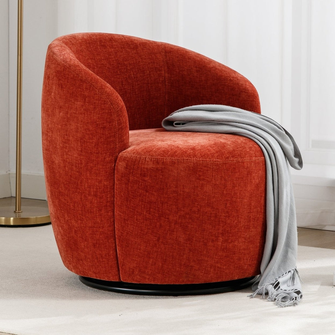 Chenille Fabric Swivel Accent Armchair Barrel Chair With Black Powder Coating Metal Ring,Orange Image 1