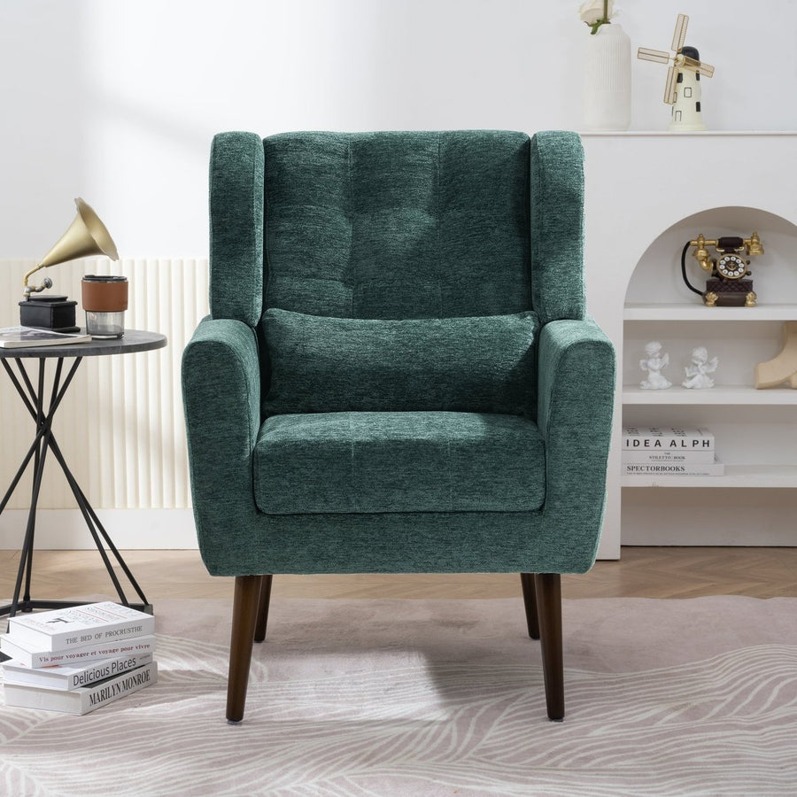 Chenille Modern Accent Chair with Pillow Soft Upholstered Armchair for Living Room Bedroom Solid Wood Legs Blackish Image 1