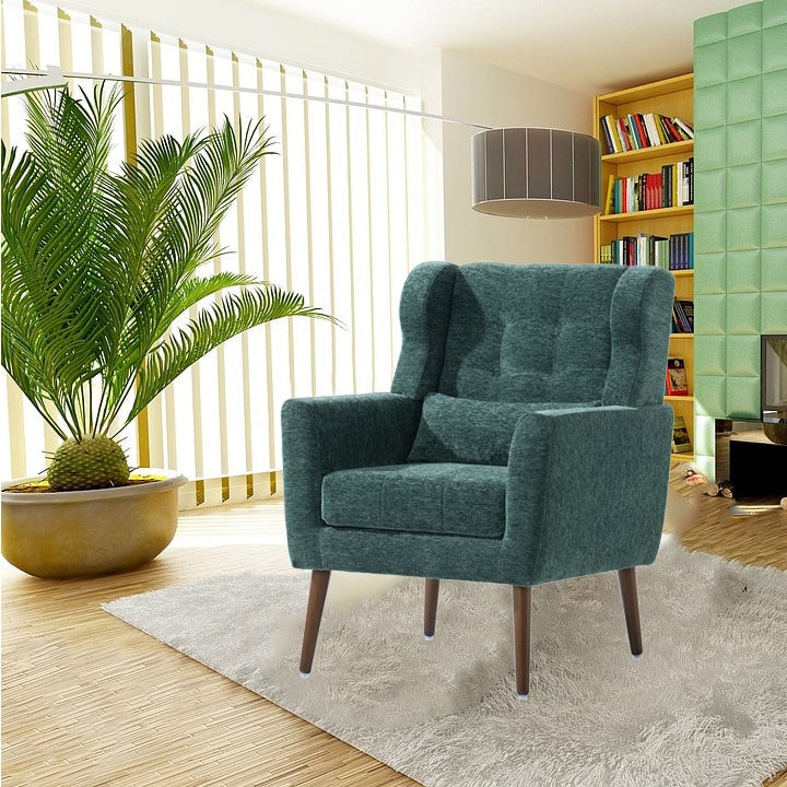 Chenille Modern Accent Chair with Pillow Soft Upholstered Armchair for Living Room Bedroom Solid Wood Legs Blackish Image 3