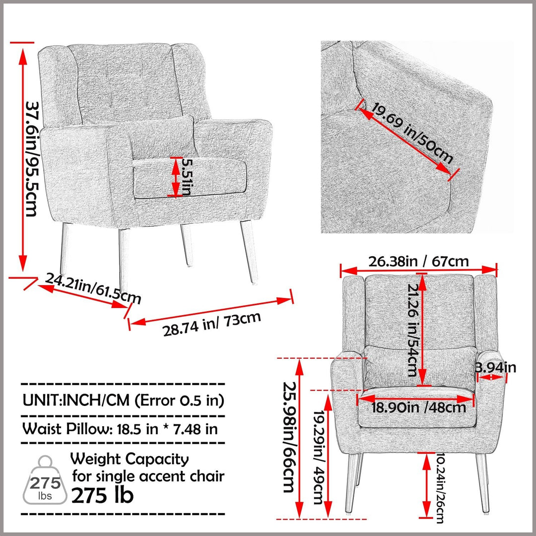 Chenille Modern Accent Chair with Pillow Soft Upholstered Armchair for Living Room Bedroom Solid Wood Legs Blackish Image 6