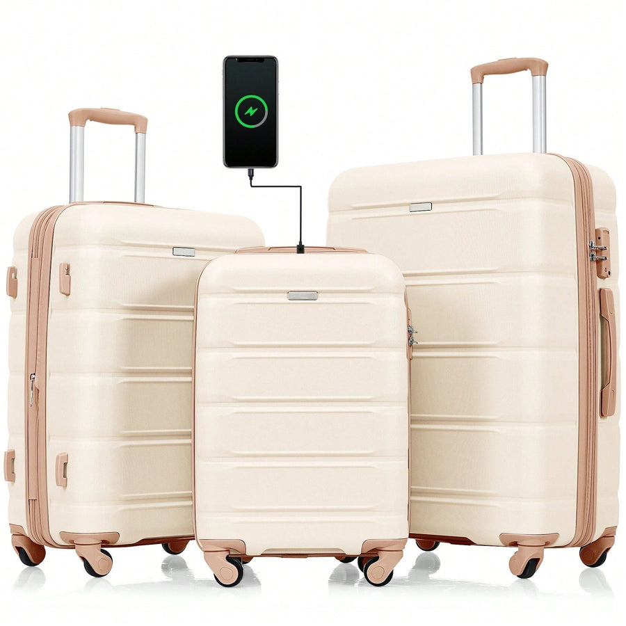 Chic 3-Piece Luggage Set with USB Port - 20-Inch Carry-On, Durable ABS Hard Shell, Beige and Gold Spinner Wheels Image 1