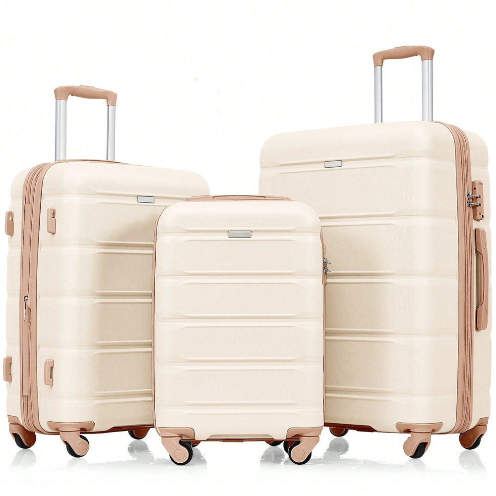 Chic 3-Piece Luggage Set with USB Port - 20-Inch Carry-On, Durable ABS Hard Shell, Beige and Gold Spinner Wheels Image 2