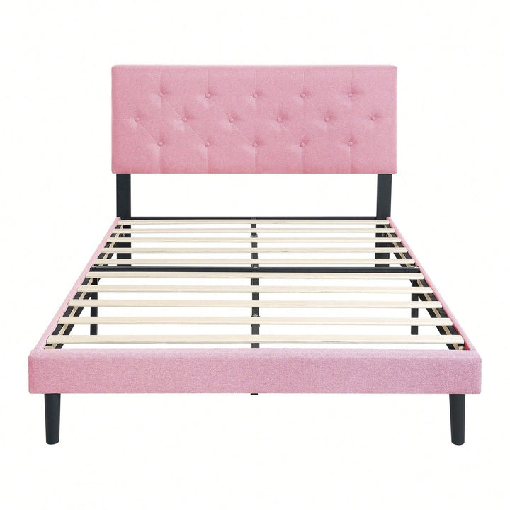 Chic Pink Queen Upholstered Platform Bed Frame with Button Tufted Headboard No Box Spring Needed Easy Assembly Image 1