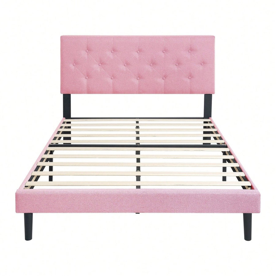 Chic Pink Queen Upholstered Platform Bed Frame with Button Tufted Headboard No Box Spring Needed Easy Assembly Image 1