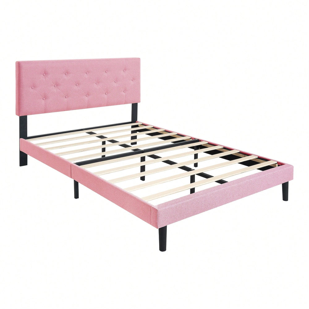 Chic Pink Queen Upholstered Platform Bed Frame with Button Tufted Headboard No Box Spring Needed Easy Assembly Image 2