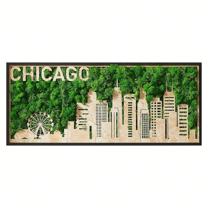 Chicago Skyline Metal Wall Art with Preserved Moss Unique Home Handcrafted Durable Design Image 1