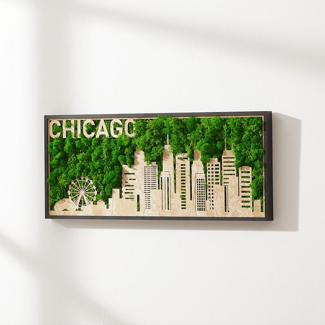 Chicago Skyline Metal Wall Art with Preserved Moss Unique Home Handcrafted Durable Design Image 2