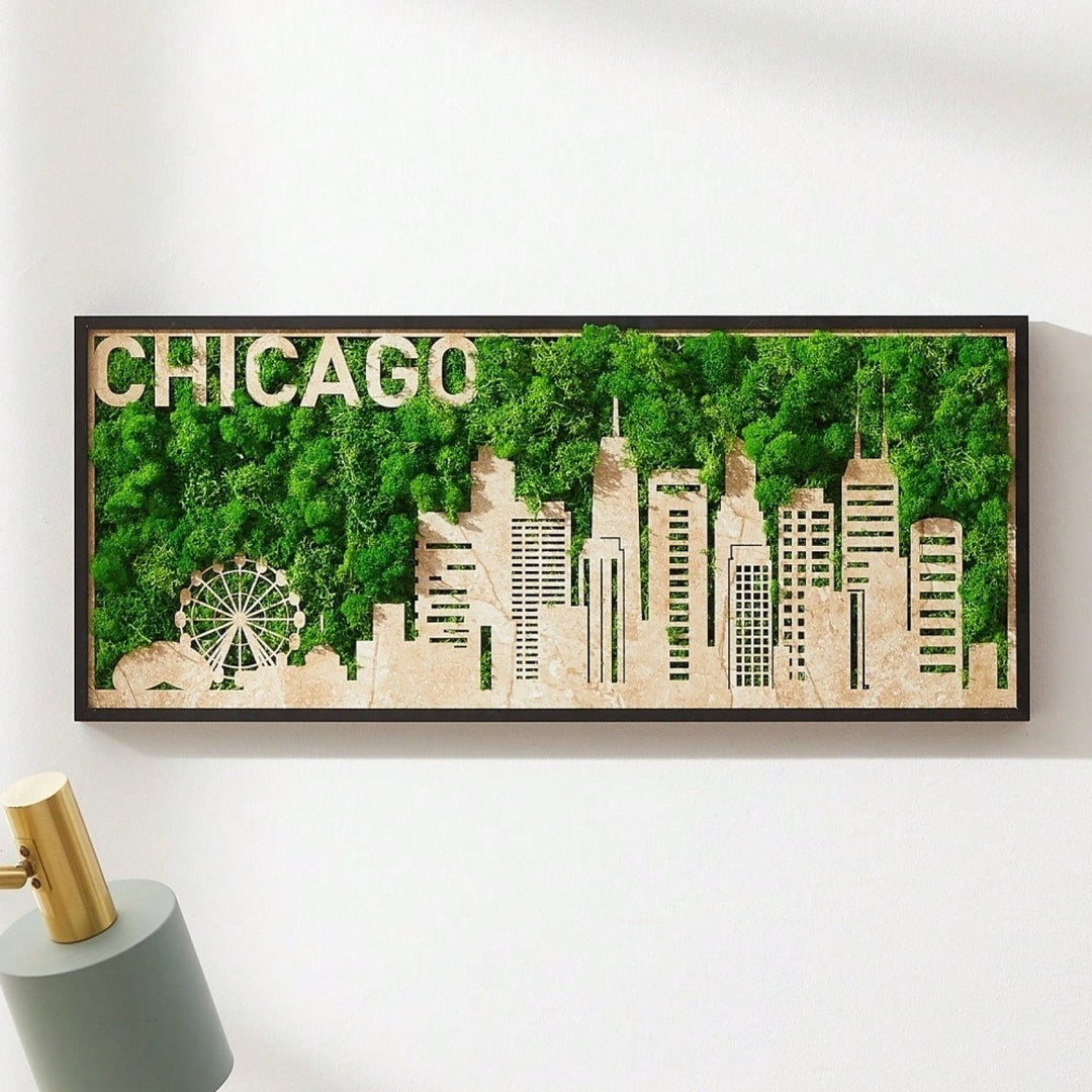 Chicago Skyline Metal Wall Art with Preserved Moss Unique Home Handcrafted Durable Design Image 3