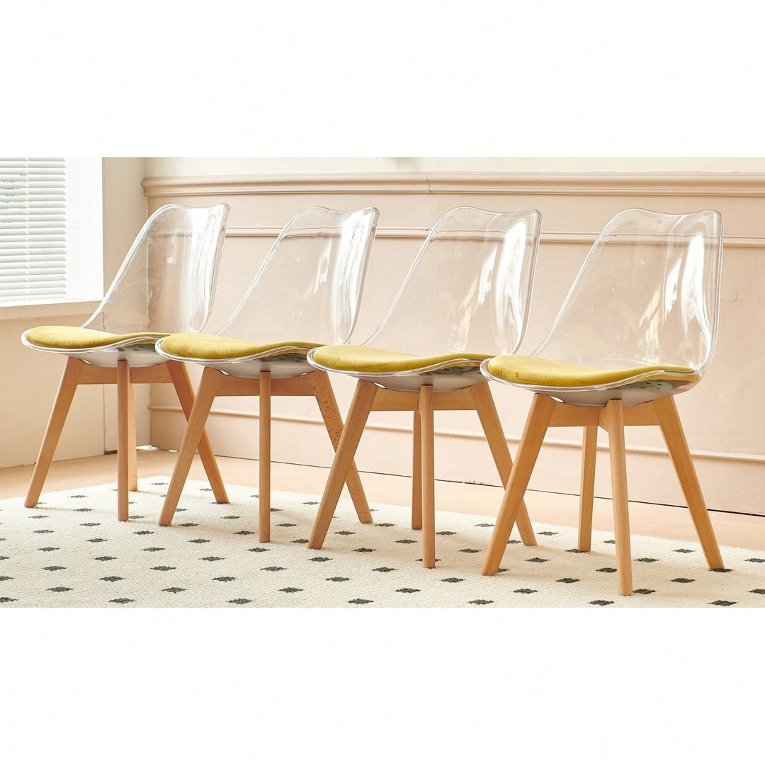 Elegant Set Of 4 Wooden Leg Transparent Back Dining And Coffee Chairs Image 1