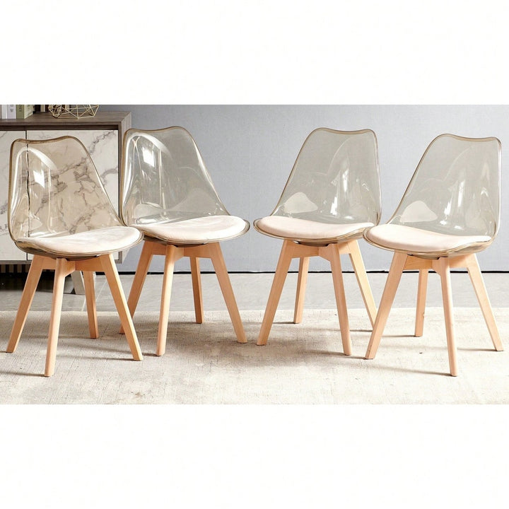 Elegant Set Of 4 Wooden Leg Transparent Back Dining And Coffee Chairs Image 9