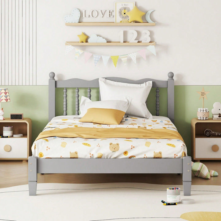 Elegant Twin Size Platform Bed Frame with Column Headboard and Wooden Slats Easy Assembly No Box Spring Needed for Image 2