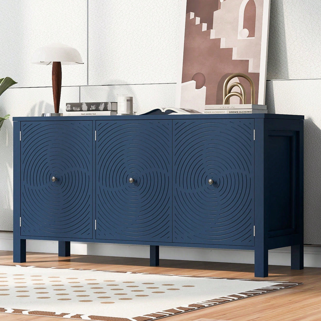 Elegant Three-Door Sideboard With Curved Swirl Patterned Doors For Living Room And Study Storage Image 8