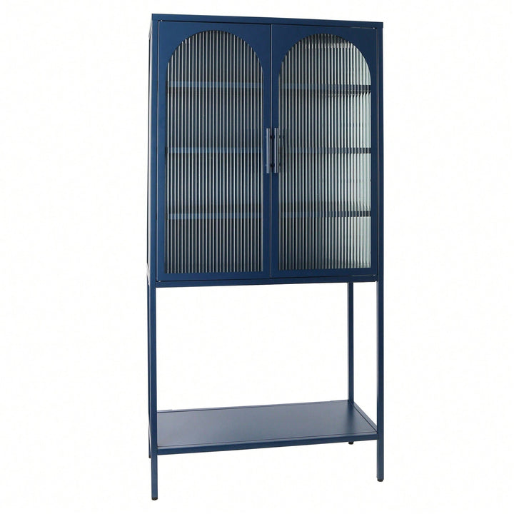 Elegant Blue Floor Cabinet with Glass Doors Adjustable Shelves Anti-Tip Design Dust-Free Easy Assembly Image 1