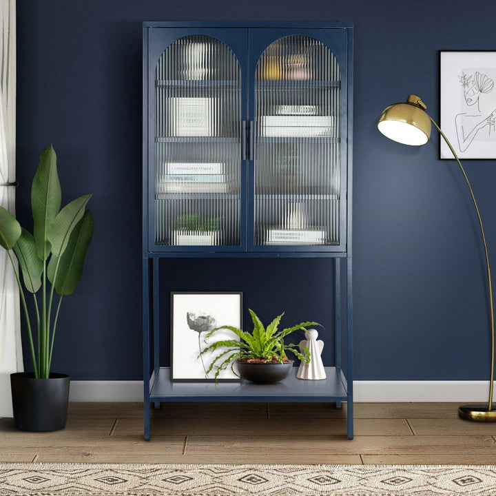 Elegant Blue Floor Cabinet with Glass Doors Adjustable Shelves Anti-Tip Design Dust-Free Easy Assembly Image 3