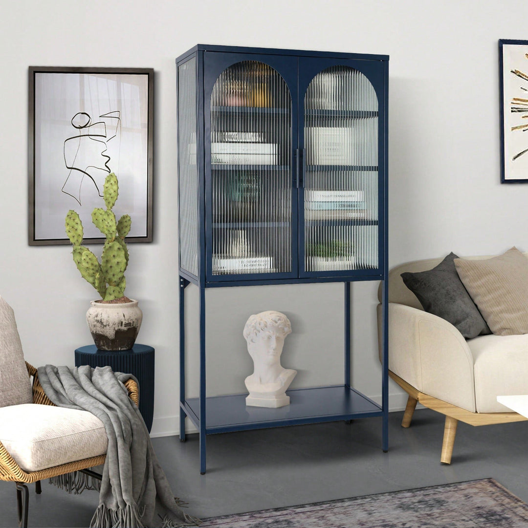 Elegant Blue Floor Cabinet with Glass Doors Adjustable Shelves Anti-Tip Design Dust-Free Easy Assembly Image 5