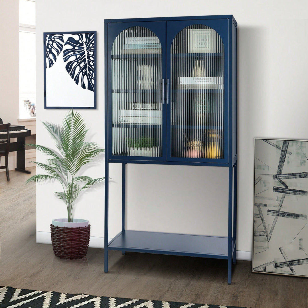 Elegant Blue Floor Cabinet with Glass Doors Adjustable Shelves Anti-Tip Design Dust-Free Easy Assembly Image 6