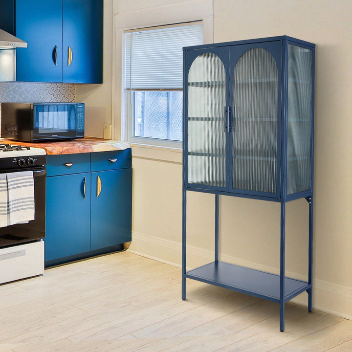 Elegant Blue Floor Cabinet with Glass Doors Adjustable Shelves Anti-Tip Design Dust-Free Easy Assembly Image 8