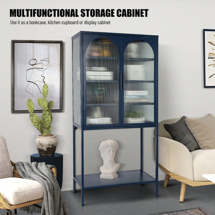 Elegant Blue Floor Cabinet with Glass Doors Adjustable Shelves Anti-Tip Design Dust-Free Easy Assembly Image 9