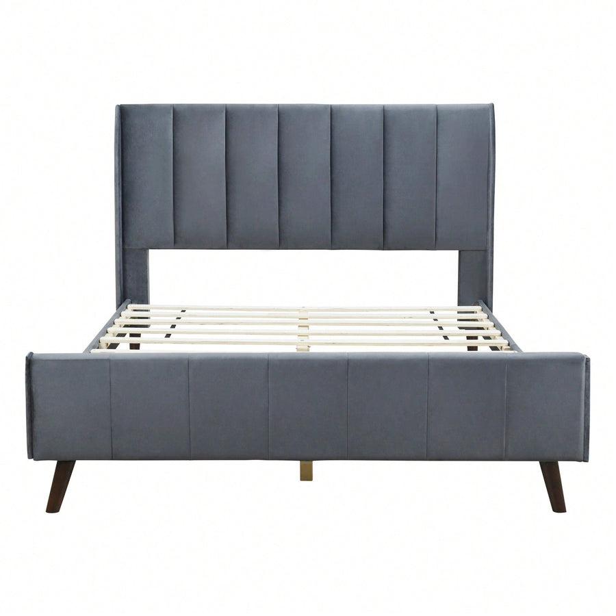 Elegant Beige Velvet Queen Size Upholstered Platform Bed For Luxurious Image 1