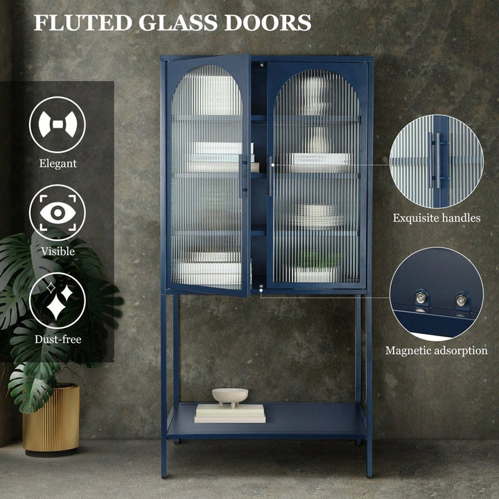 Elegant Blue Floor Cabinet with Glass Doors Adjustable Shelves Anti-Tip Design Dust-Free Easy Assembly Image 11