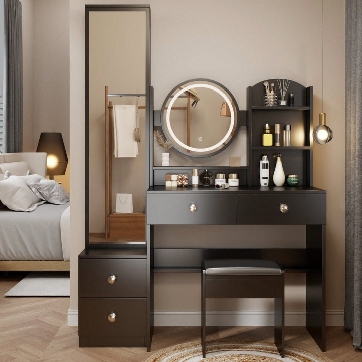 Elegant Full Length Mirror Cabinet with LED Vanity Light Adjustable Brightness Cushioned Stool Multi-Storage Solutions Image 1